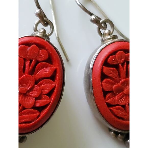 Vintage Sterling Silver Cinnabar Red Dangle Earrings - Picture 2 of 5